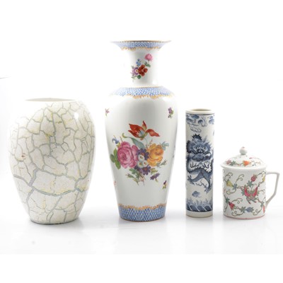 Lot 62 - Porcelaine Royale vase, Oriental brush pot, modern Chinese lidded tankards and other vases.