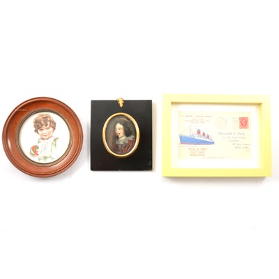 Lot 123 - Two modern miniature portraits and a First Day Cover of The Queen Mary
