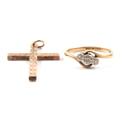 Lot 206 - A 9 carat yellow gold cross and illusion set crossover ring.