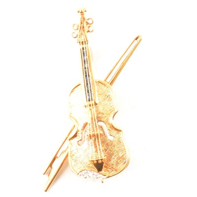 Lot 156 - A violin design brooch set with diamonds, new and boxed.