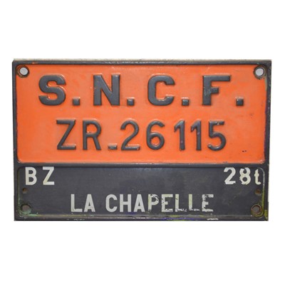 Lot 729 - French cast metal locomotive number plate tenderplate, SNCF ZR_26115 'La Chapelle'
