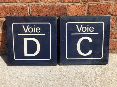 Lot 64 - Two original French road/railway station enamel signs, Voie D and Voie C.