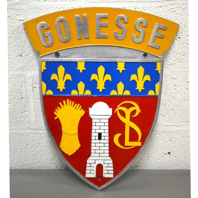 Lot 731 - French metal railway station sign / plaque Gonesse, a suburb of Paris, bearing the coat of arms