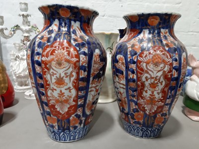 Lot 42 - Near pair of Oriental Imari style vases, Royal Crown Derby and Royal Doulton vases and jug.
