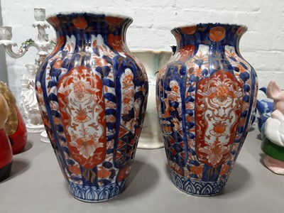 Lot 42 - Near pair of Oriental Imari style vases, Royal Crown Derby and Royal Doulton vases and jug.