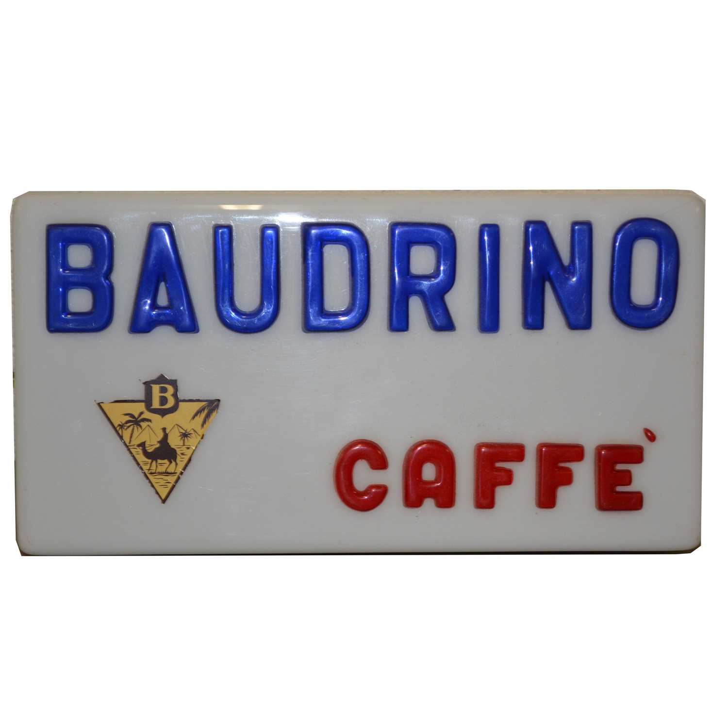 Lot 732 - Original railway station cafe sign 'Baudrino Caffee', unlimited plastic case.