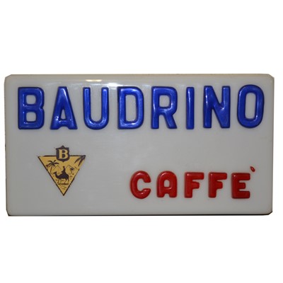 Lot 732 - Original railway station cafe sign 'Baudrino Caffee', unlimited plastic case.