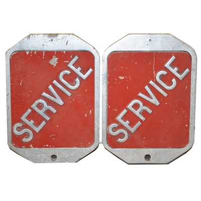 Lot 214 - Two original cast metal railway station Service signs, red ground with no.2 to rears