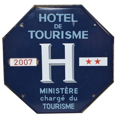 Lot 744 - Original French enamel sign, 'Hotel Tourisme H Ministere charge du Tourisme'