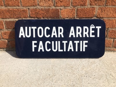 Lot 282 - Original French railway station / Bus Stop enamel sign, 'Autocar Arret Facultatif'