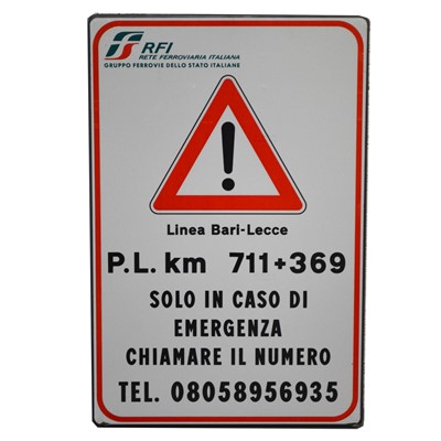 Lot 754 - Italian railway station metal sign 'Linea Bari-Lecce - PL km 711+369'
