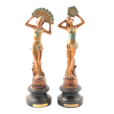 Lot 88 - Pair of French patinated spelter figures, La Musique and La Dance