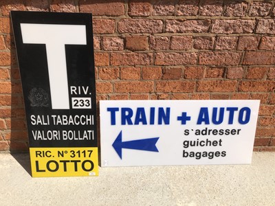 Lot 218 - Two plastic railway station signs, including T RIV 233 Sali Tabacchi Valori Bollati no.3117 LOTTO