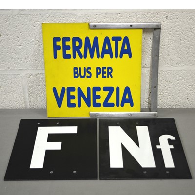 Lot 287 - Italian railway station bus sign 'Fermanta Bus per Venezia' and letter plates