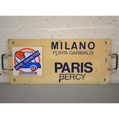 Lot 782 - French SNCF railway train metal plate sign 'Paris Bercy / Milano Porta Garibaldi'