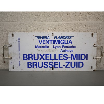 Lot 783 - French SNCF railway train metal plate sign 'Riviera Flandres' 'Ventimiglia / Bruxelles'