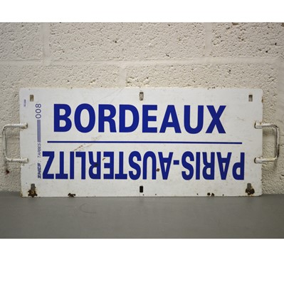 Lot 792 - French SNCF railway train plate metal sign 'Tarbes / Poitiera / Paris-Austerlitz / Bordeaux'
