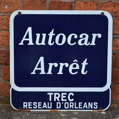 Lot 797 - French enamel road / railway station enamel sign 'Autocar Arret - Trec Reseau D'Orleans'