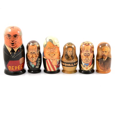 Lot 67 - Six sets of Russian novelty nesting dolls /...