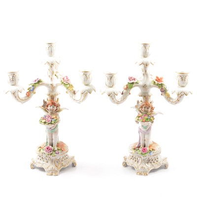 Lot 40 - Pair of German porcelain candelabra and a bowl