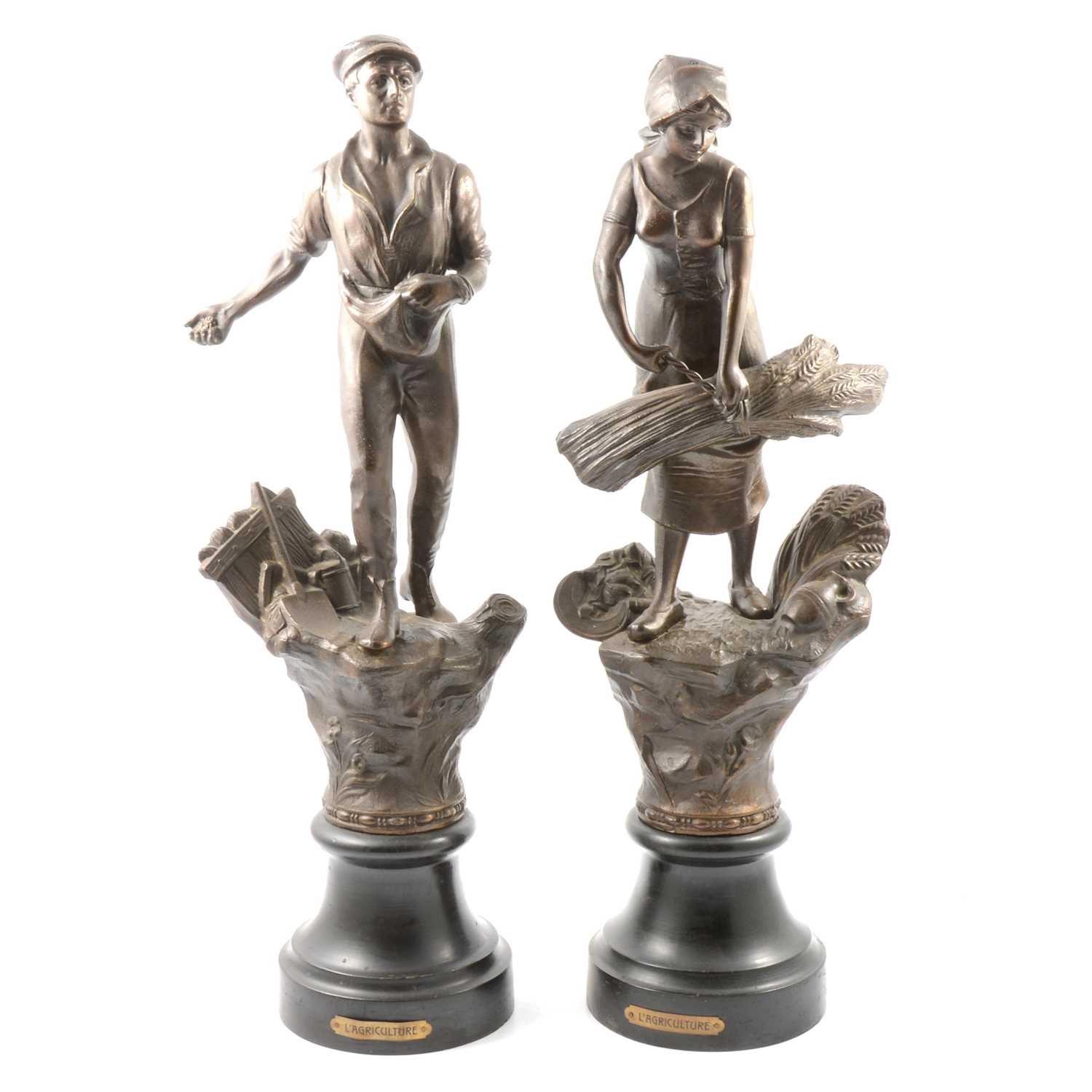 Lot 74 - Pair of French bronzed spelter figures, L'Agriculture