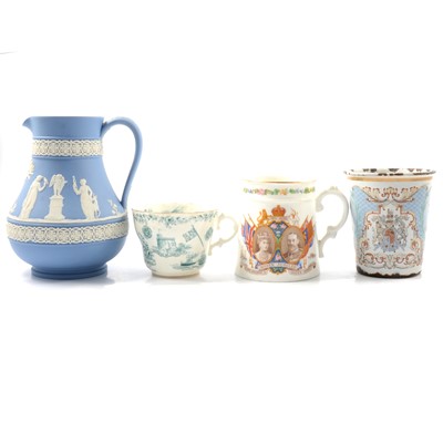 Lot 57 - Belleek porcelain basket, Wedgwood Jasperware, teaware, etc.
