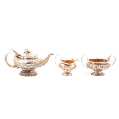 Lot 71 - Matched George IV three-piece silver teaset, the teapot by J Craddock & Wm Ker Reid, London 1823
