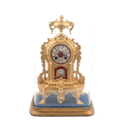 Lot 192 - French gilt spelter mantel clock, under a glass dome