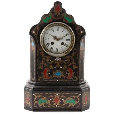 Lot 212 - Charles X black lacquered brass inlaid and enamelled mantel clock