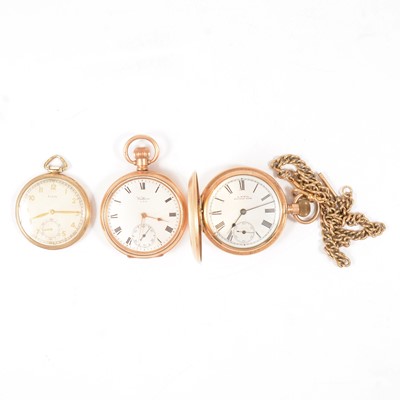 Lot 367 - Three gold-plated pocket watches and an Albert watch chain.