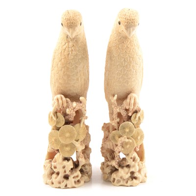 Lot 122 - Pair of Japanese carved ivory parrots, Meiji period
