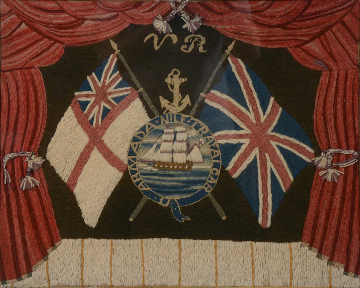 Lot 37 - Victorian long stitch panel, Victoria Regina panel, Armada / Nile/ Trafalgar