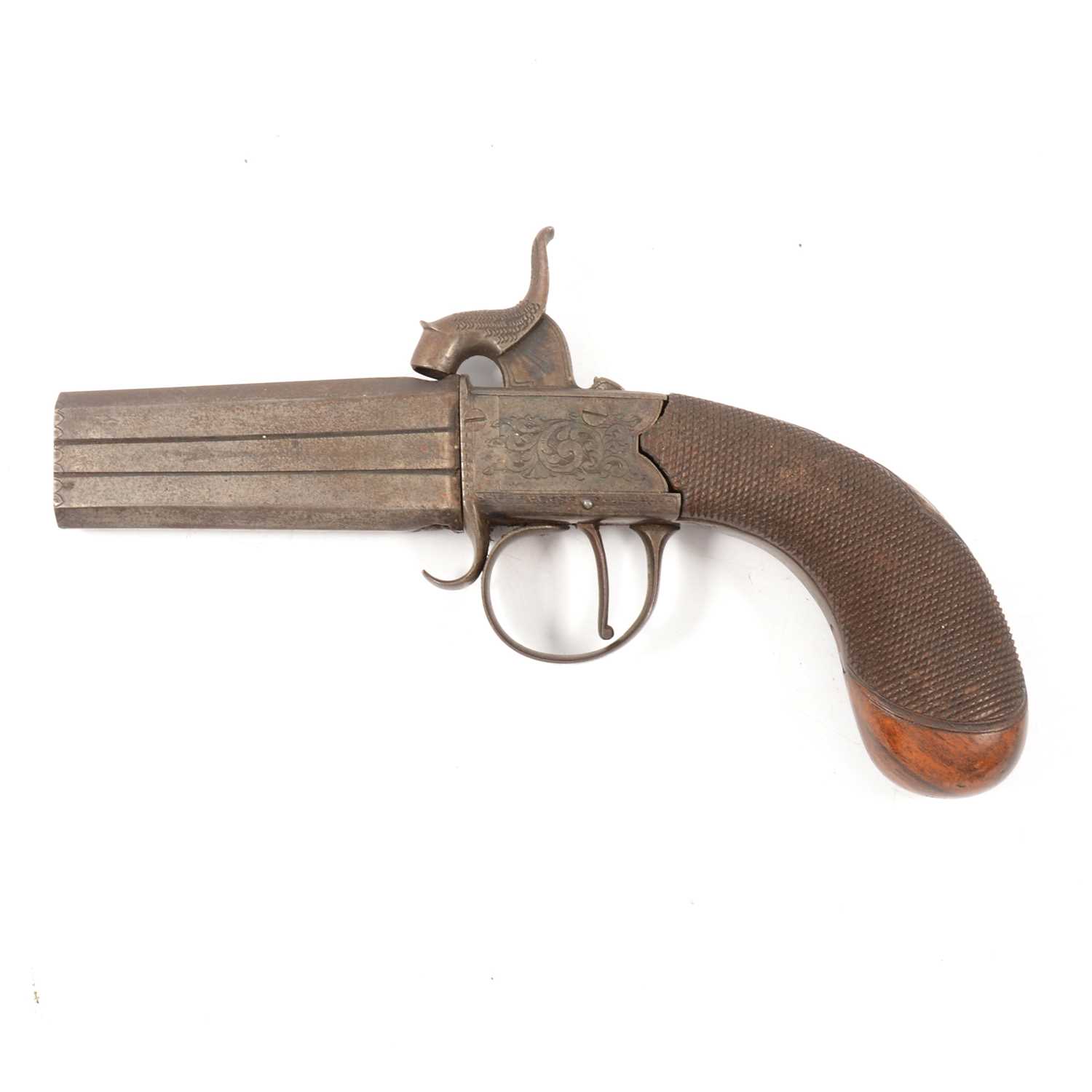 Lot 253 - Percussion cap double barrel pistol, twin octagonal rotating 3" barrels