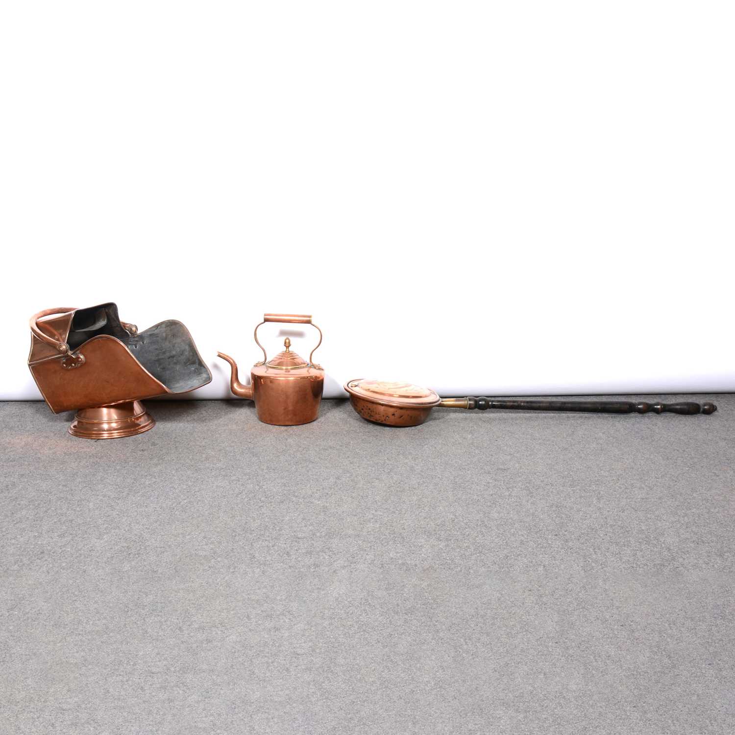 Lot 452 - Copper coal scuttle; warming pan; other