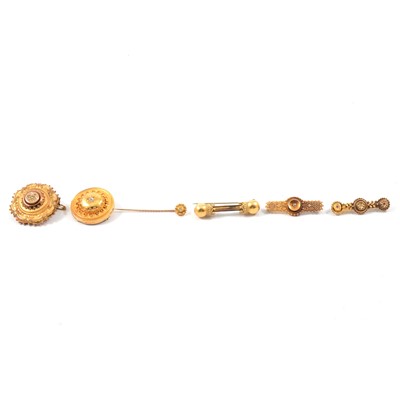 Lot 143 - Two Victorian Etruscan style yellow metal target brooches, three bar brooches and a stick pin.