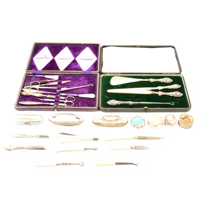 Lot 238 - Silver manicure items, patch box with puff, button hook, shoe horn, nurses portable syringe set