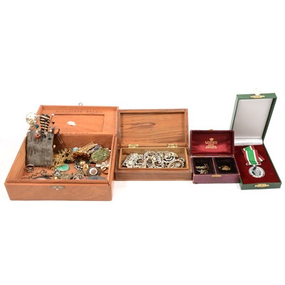 Lot 295 - A collection of vintage costume jewellery, paste, marcasite, scarab, badges in two wooden boxes.