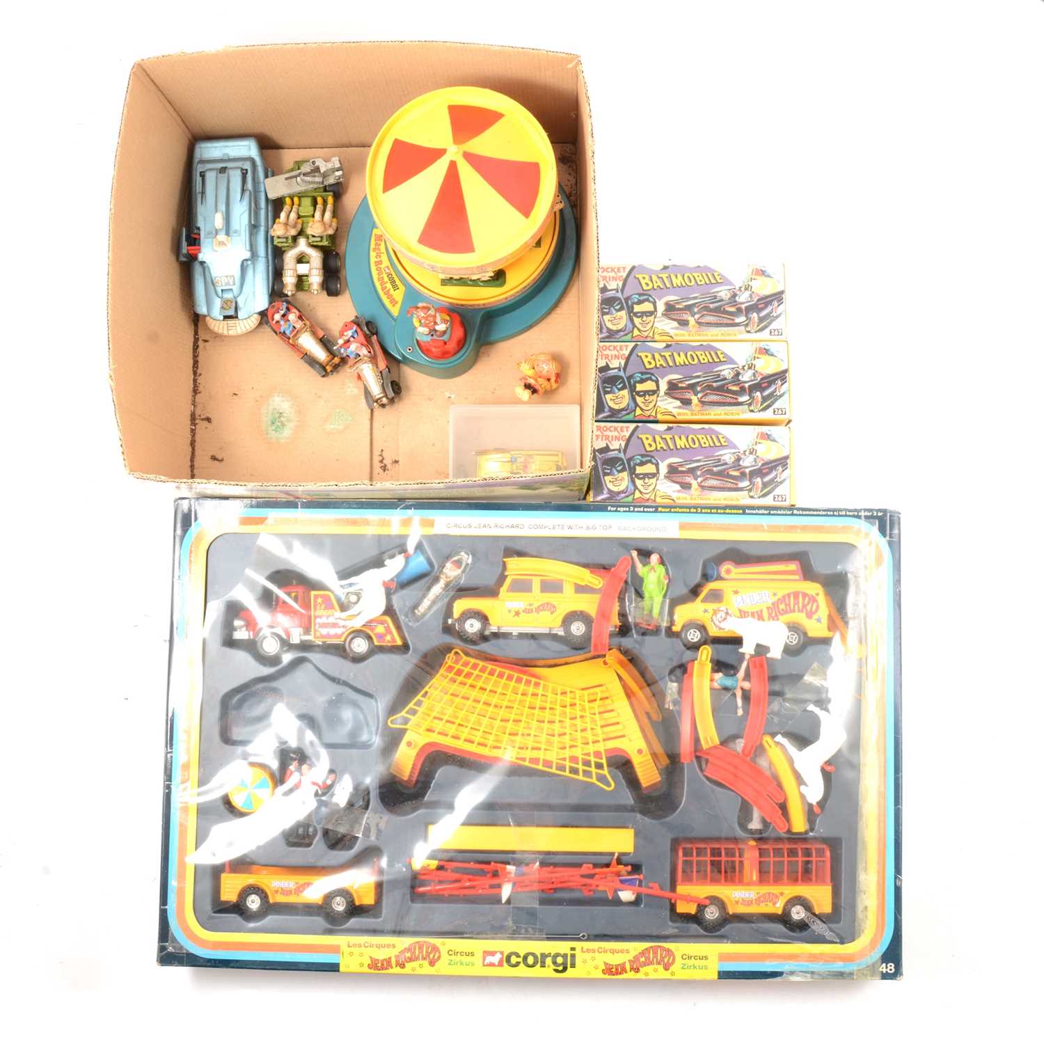 Lot 288 - Corgi Toys die-cast models, one tray including three 267 Batmobiles etc