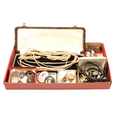 Lot 296 - A collection of costume jewellery, small sapphire pendant, bar brooch, 9 carat watch case.