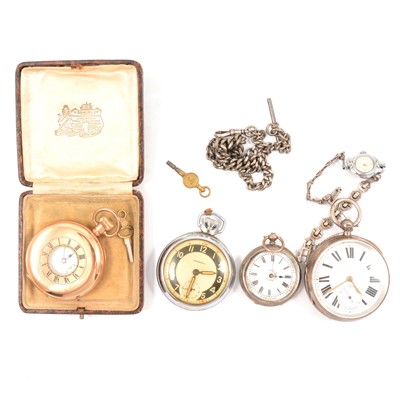 Lot 371 - Four pocket watches, wristwatch and Albert watch chain.