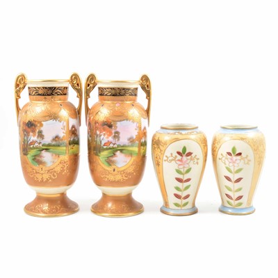 Lot 19 - Pair of Noritake twin-handled vases and a pair of Nippon vases.