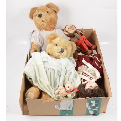 Lot 354 - Two mid-century plush teddy bears, doll and wind-up monkey