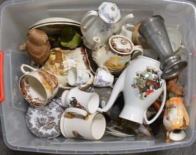 Lot 61 - Box of household ceramics and metalware.
