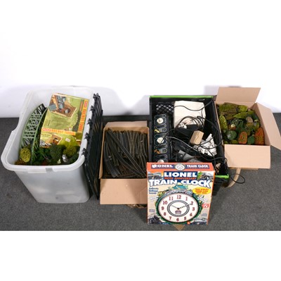 Lot 215 - OO gauge railway accessories, three boxes including controllers, trees; Merit tunnel etc