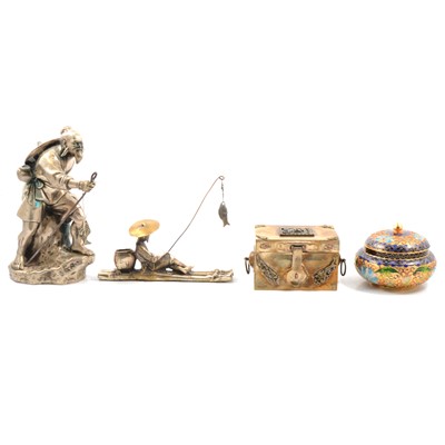 Lot 156 - Metal figure of a Japanese fisherman, pedestal bowl, rectangular boxes, and other decorative items.