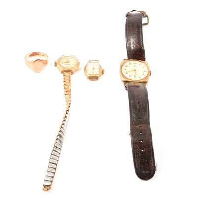 Lot 349 - Three 9 carat gold vintage watch cases and a signet ring.