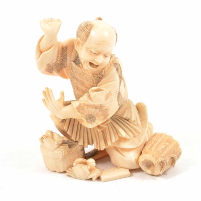 Lot 185 - Japanese carved ivory okimono, crab fisherman