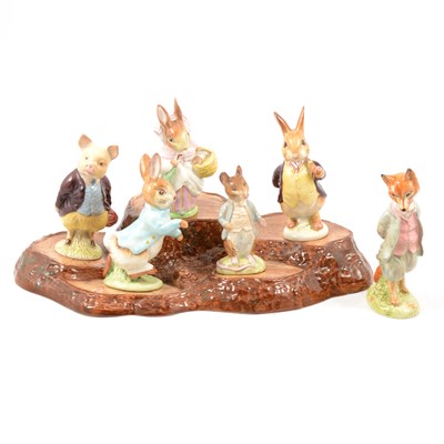 Lot 100 - Beswick Beatrix Potter figures, six including Foxy Whiskered Gentleman, with stand.