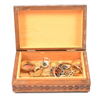 Lot 196 - A wooden box with costume jewllery, gold-plated rings, bangle