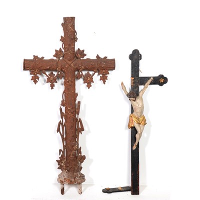 Lot 433 - Cast iron cross, and a wooden crucifix (a.f.)